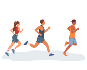 Fototapeta na wymiar Youth running outside. Doing cardio exercises together. Concept of healthy and active lifestyle. Running competition. Time to lose weight. Vector flat illustration