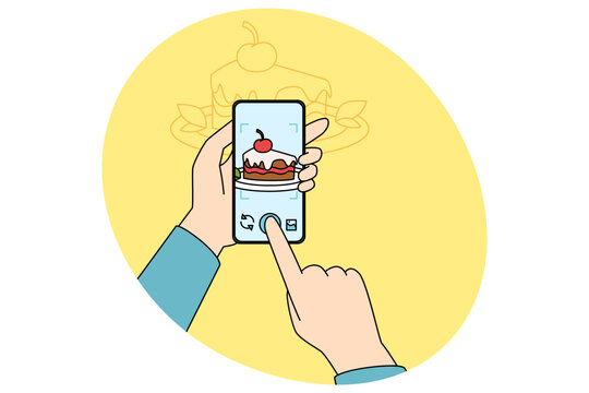 Hands holding smartphone make dessert photo on modern gadget. Concept of mobile food photography. Person shooting recipe for culinary blog. Vector illustration.