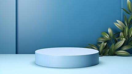 minimal scene 3d blue podium or pedestal with leaves decoration