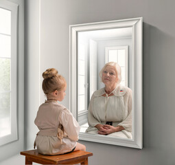 Creative conceptual collage. Little girl looking in mirror and seeing reflection of senior lady....