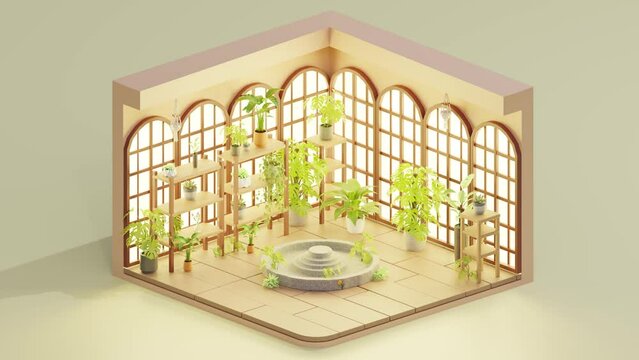3D animation loop of room for potted plants with big windows. Isometric view