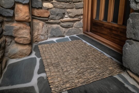 Door mat in front of interior stone stairs, top view. Room for design. Generative AI