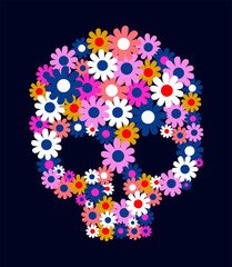 Scull decorated with daisy flowers. Floral print for Halloween and  Dia de Los Muertos, vector illustration