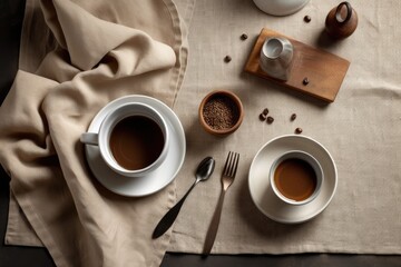 Concept top view of a table with coffee utensils in a modern kitchen environment with a beige linen tablecloth. copy room business model for a food brand. Generative AI