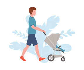 Father pushing walking stroller with a newborn baby, flat vector isolated.