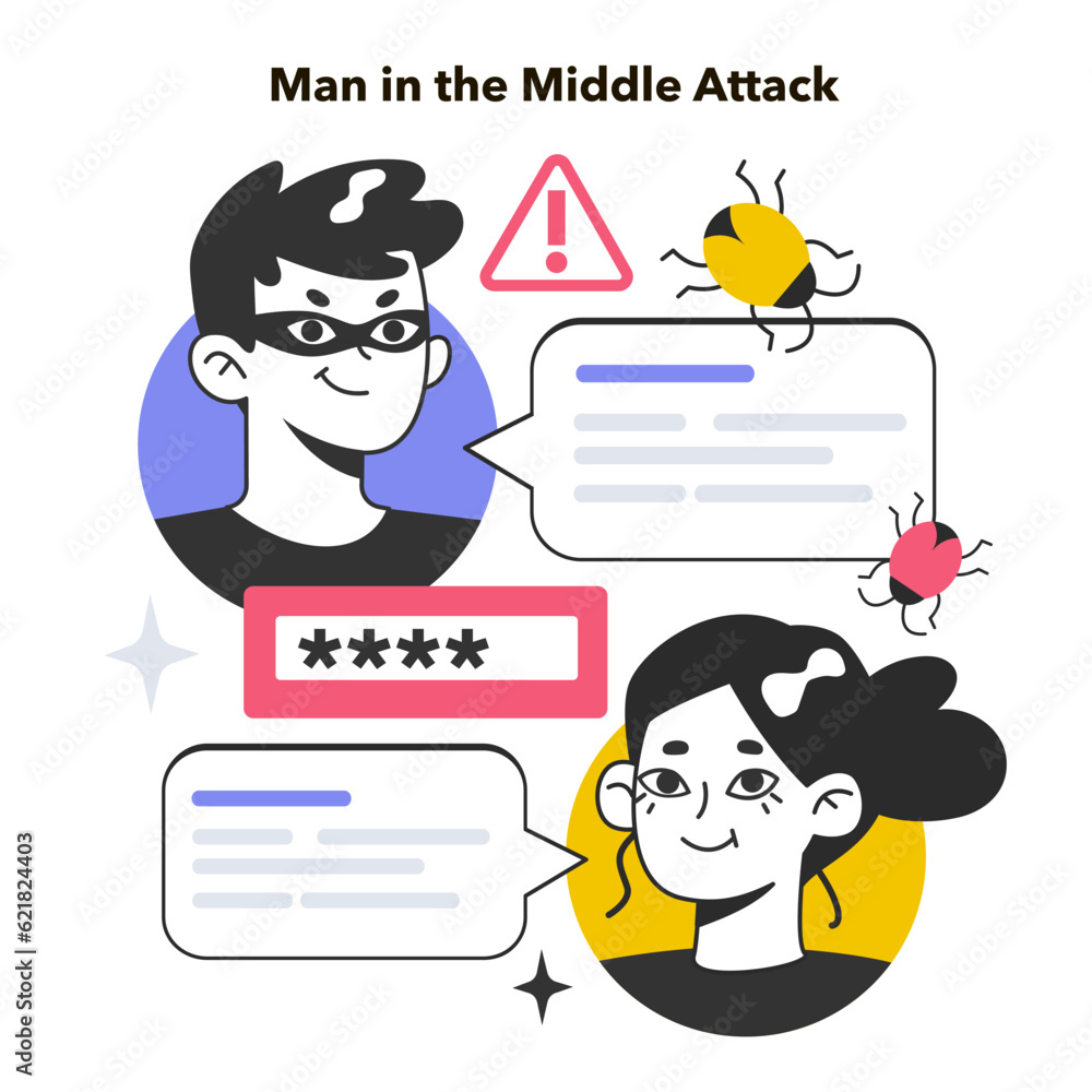 Poster man-in-the-middle attack. cyberattack technology, hacker intercept