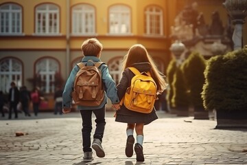 children go to school with backpacks. back to school generative ai.