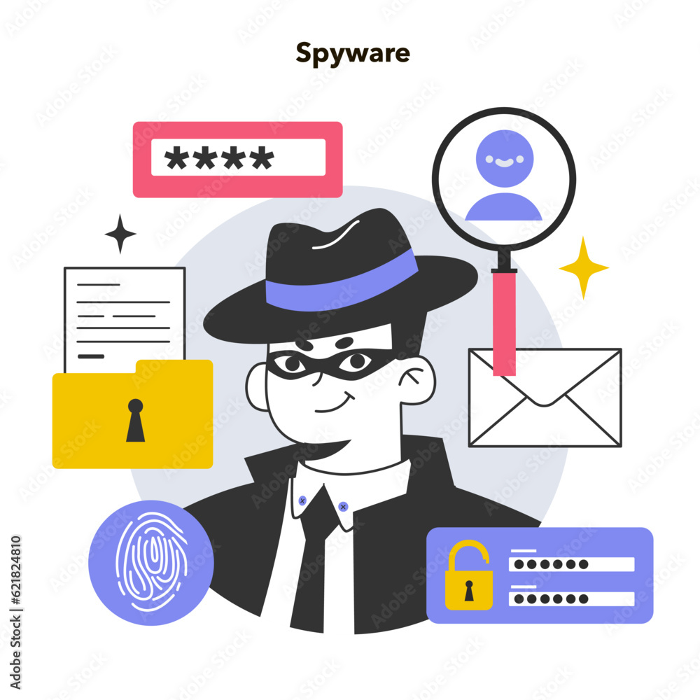 Sticker spyware or adware. dangerous malware monitoring traffic and stealing