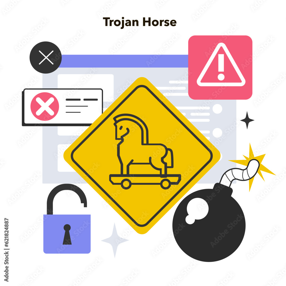 Poster trojan horse virus. hacker hides a malware in a legitimate program.
