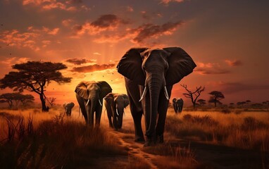 A herd of elephants walking across a grass covered field. AI - obrazy, fototapety, plakaty