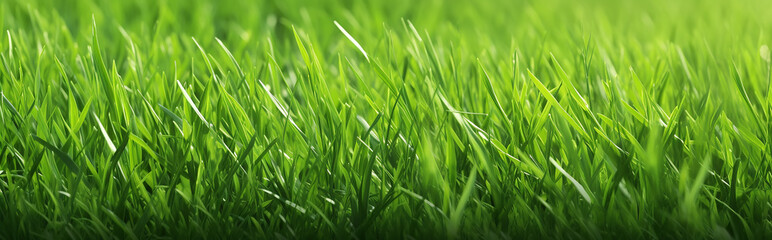 Obraz premium green young grass panorama horizontal. Generative AI