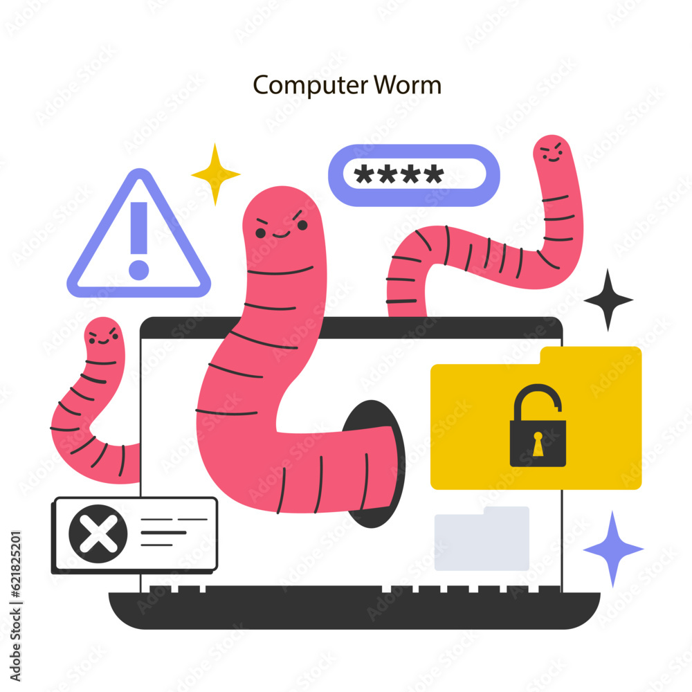 Poster worm cyber attack. laptop infected with computer worm malware