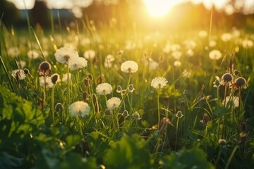 Meadow dandelions sunlight. Generate Ai