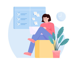 Lady checking tasks, working on laptop. Concept of increasing productivity and efficiency in business. Modern coworking center. Flat vector illustration in blue and pink colors