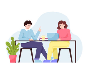 Cartoon characters working together in office. Modern coworking space. Freelancers doing job, using laptop. Employees in office. Vector flat illustration in blue colors