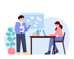 Young worker standing near board with notes, lady sitting near and typing on laptop in coworking. Concept of increasing productivity and efficiency in business. Flat vector illustration