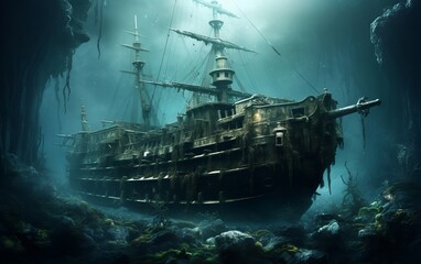 An old ship in the middle of the ocean. AI