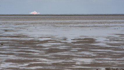 The island ferry between Sylt and Rømø shimmers like a mirage on the horizon behind the mud flats of Wadden Sea at low tide