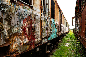 Fototapeta na wymiar Old rusty train wagon background with shallow depth of field