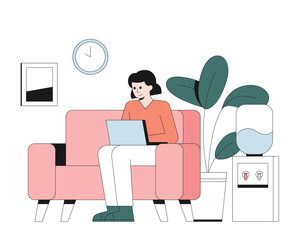Young lady sitting on sofa and doing job in coworking center, working on laptop. Concept of increasing productivity and efficiency in business. Vector flat illustration