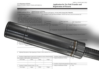 Silencer with shadow on the public domain tax form for ownership - obrazy, fototapety, plakaty