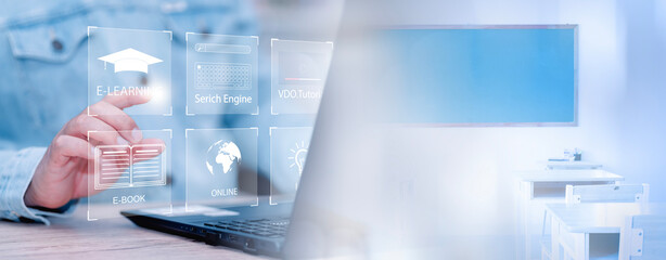 concept webinar online, education, studying, seminar, training, on internet, e-learning. Concept of...