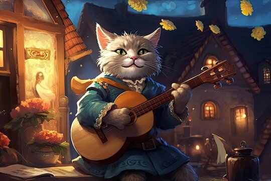 illustration of a cute bard cat with his lute, medieval city in background, generative ai