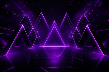 Abstract Neon Geometric Background. Purple triangles with technologic neon lights.