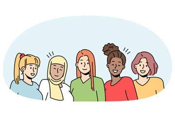 Portrait of multiethnic diverse girls posing together. Smiling interracial women show unity and friendship. Vector illustration.