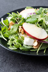 Autumn salad with apples and walnuts on black slate background. Close up