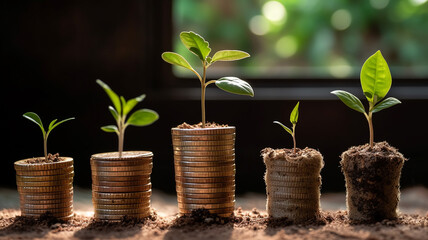 Fototapeta na wymiar the concept of growth investment business green shoots on coins. Generative AI