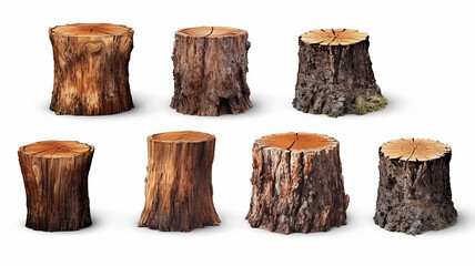 collection of wooden stumps isolated on a white background. Generative AI