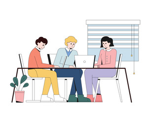 Young people talking in open space office. Discussion and brainstorming ideas. Concept of increasing productivity and efficiency in business. Work in coworking. Vector flat illustration