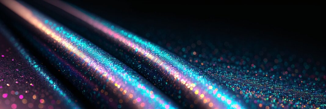 Digital image of a close up of a futuristic, metallic surface with blue and pink lights. AI Generated.