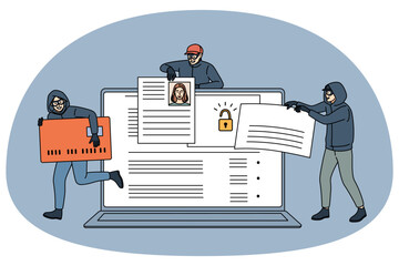 Group of hackers steal personal information from computer. Internet thieves hack laptop security system, get secured data and passwords. Web robbery and fraud. Vector illustration. © Dzianis Vasilyeu