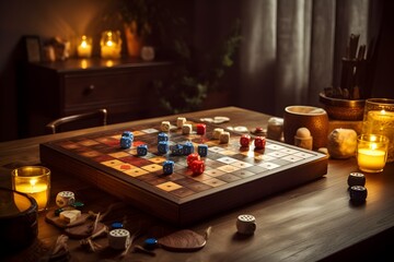 board game on a board on a wooden table with cubes and candles