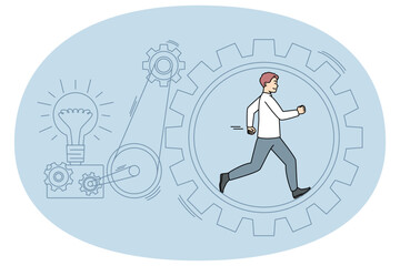 Businessman running in cogwheel generating creative business ideas. Man walk hurry in gear producing project startup or innovation. Motivation and hard work. Vector illustration.