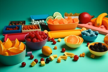 still life with fruits and vegetables, oranges, raspberries, lemons, dishes, toy fruits and vegetables, blue background, green background