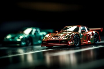 fast moving car on the road, two toy high-speed sports cars on a dark background, car model