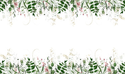 Watercolor greenery seamless frame on white background. Green, pink and golden wild plants, branches, leaves and twigs.
