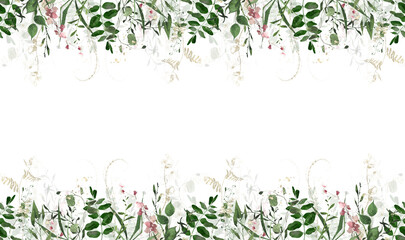 Watercolor greenery seamless frame on white background. Green, pink and golden wild plants, branches, leaves and twigs.
