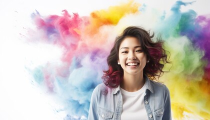 Happy Asian woman smiling in a cloud of colorful smoke and powder on a white background, having fun, colors, LGBTQ+, party, peace, inclusive, beauty, freedom. Generative AI.