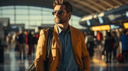 Fototapeta premium Man with suit in the airport on the way to a business trip
