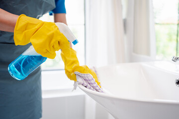 Housework or house keeping service female cleaning dust in toilet, cleaning agency small business. professional equipment cleaning old home. - obrazy, fototapety, plakaty