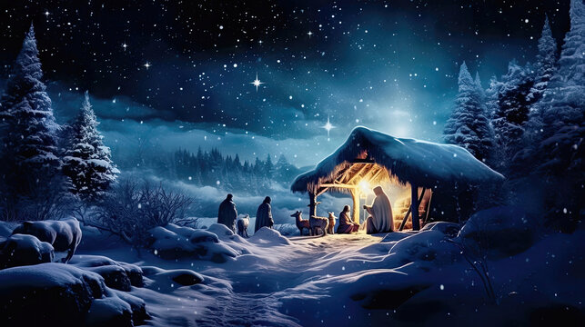 Cartoon Nativity Characters: Jesus's Arrival - Generative AI
