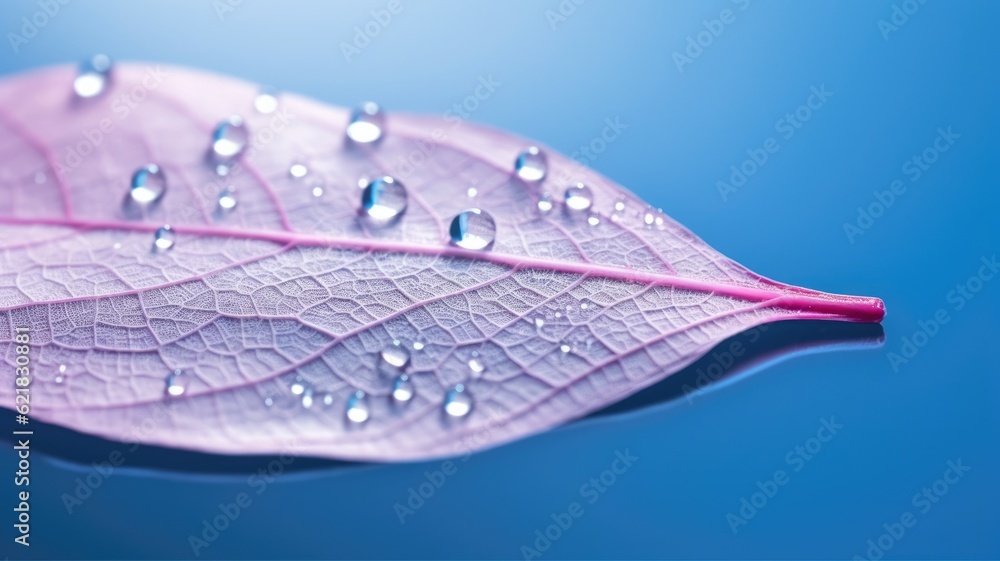 Poster the close-up of transparent skeleton leaf with water drops on beautiful texture in a blue and pink b