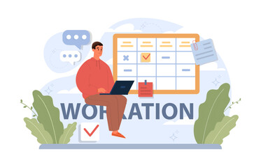 Workcation. Chatacter working away from the office. Digital nomad