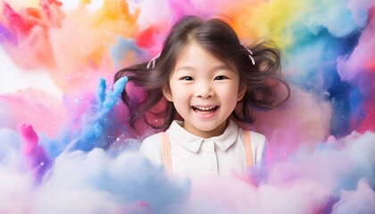 Happy Asian child smiling in a cloud of colorful smoke on a white background, having fun, colors, color explosion, holi, LGBTQ+, party, peace, inclusive, beauty, freedom. Generative AI.