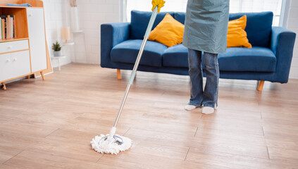 Housework or house keeping service two female cleaning dust in home, cleaning agency small business. professional equipment cleaning old home.