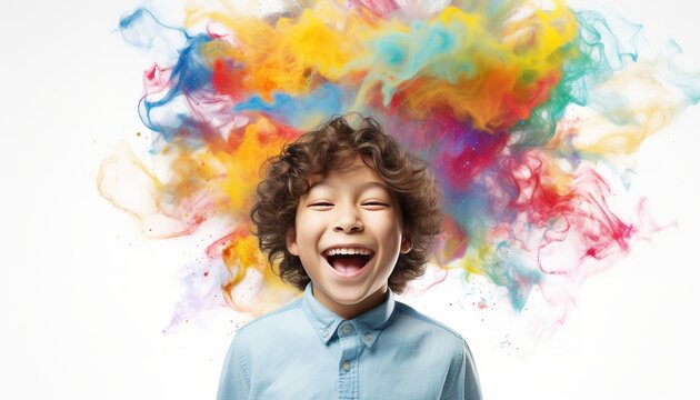 Happy Asian child smiling in a cloud of colorful smoke on a white background, having fun, colors, color explosion, holi, LGBTQ+, party, peace, inclusive, beauty, freedom. Generative AI.